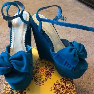 Blue “velvet” platform wedges